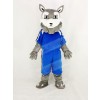 Power Gray Husky Dog with Blue T-shirt Mascot Costume Cartoon