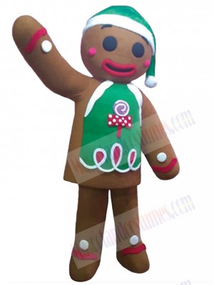 Gingerbread Man Mascot Costume wear Green Christmas Hat Cartoon