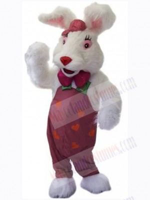 White Bunny Rabbit Mascot Costume Animal in Purple Dungaree