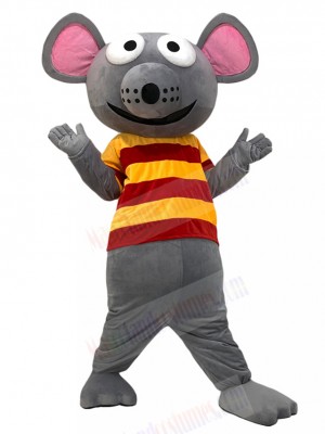 Grey Mouse Mascot Costume with Red and Yellow Striped Shirt Animal