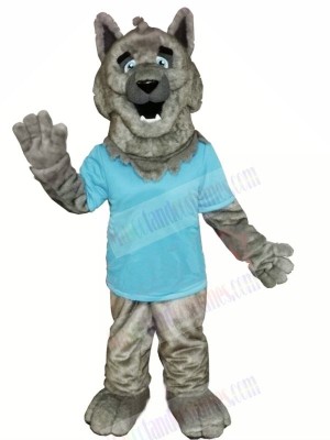 Grey Wolf with Blue T-shirt Mascot Costumes Cartoon