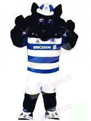 Black Cat Mascot Costume Animal in Blue and White Clothes