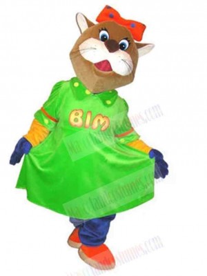 Happy Brown Cat Mascot Costume Animal in Green Dress