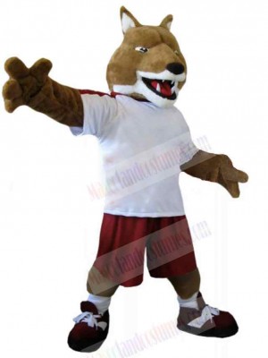 Active Brown Wolf Mascot Costume Animal in White T-shirt