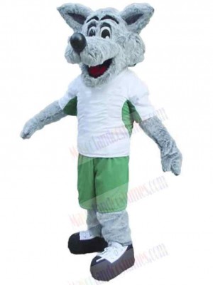 Happy Wolf Mascot Costume Animal in White and Green Clothes