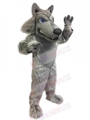 Fierce Grey Wolf Mascot Costume Animal with Blue Eyes