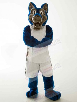 Strong Blue and Grey Wolf Mascot Costume Animal in White Clothes