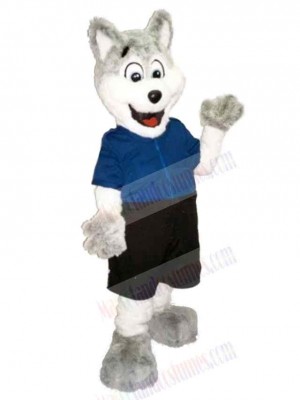 Cute White and Grey Wolf Mascot Costume Animal in Blue T-shirt