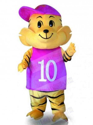 Happy Tiger Mascot Costume Animal with Purple Hat
