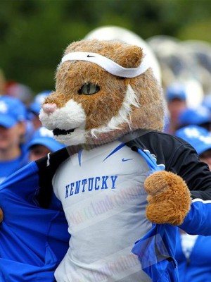 Brown Tiger Mascot Costume Animal in Blue Outfit