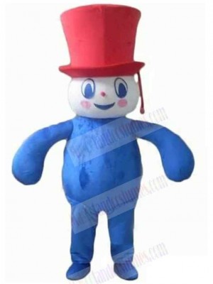 Blue Snowman Mascot Costume with Red Hat