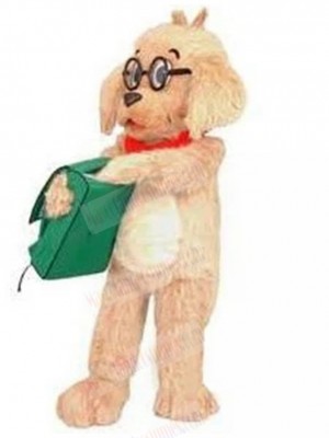 Learned Golden Retriever Dog Mascot Costume with Green School Bag Animal