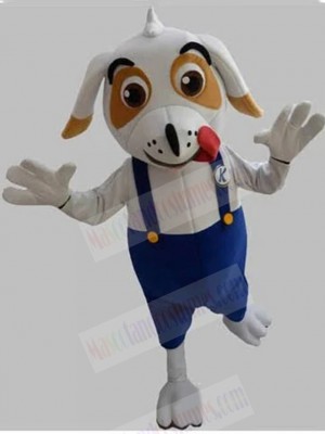 White Dog Mascot Costume with Blue Overalls Animal