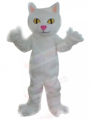 Smiling White Cat Mascot Costume with Yellow Eyes Animal