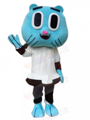 Happy Blue Cat Mascot Costume in White Shirt Animal