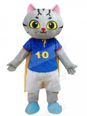 Grey Tabby Cat Mascot Costume with Yellow Cape Animal