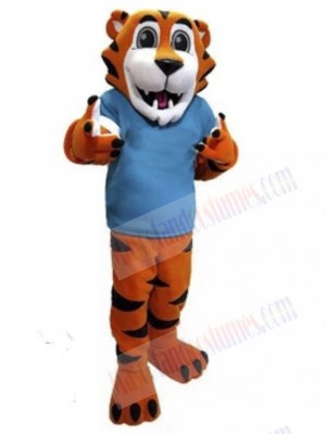 Friendly Tiger Mascot Costume Animal in Blue Shirt