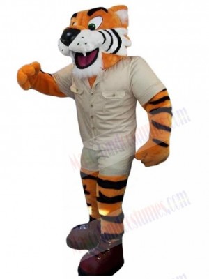 Friendly Tiger Mascot Costume Animal in White Overalls