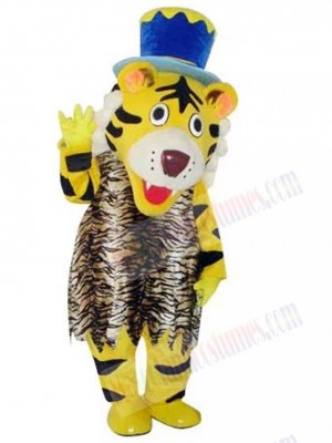 Happy Tiger Mascot Costume Animal with Blue Hat