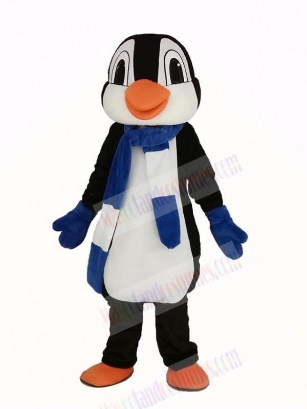 Penguin With Blue and White Scarf Mascot Costume